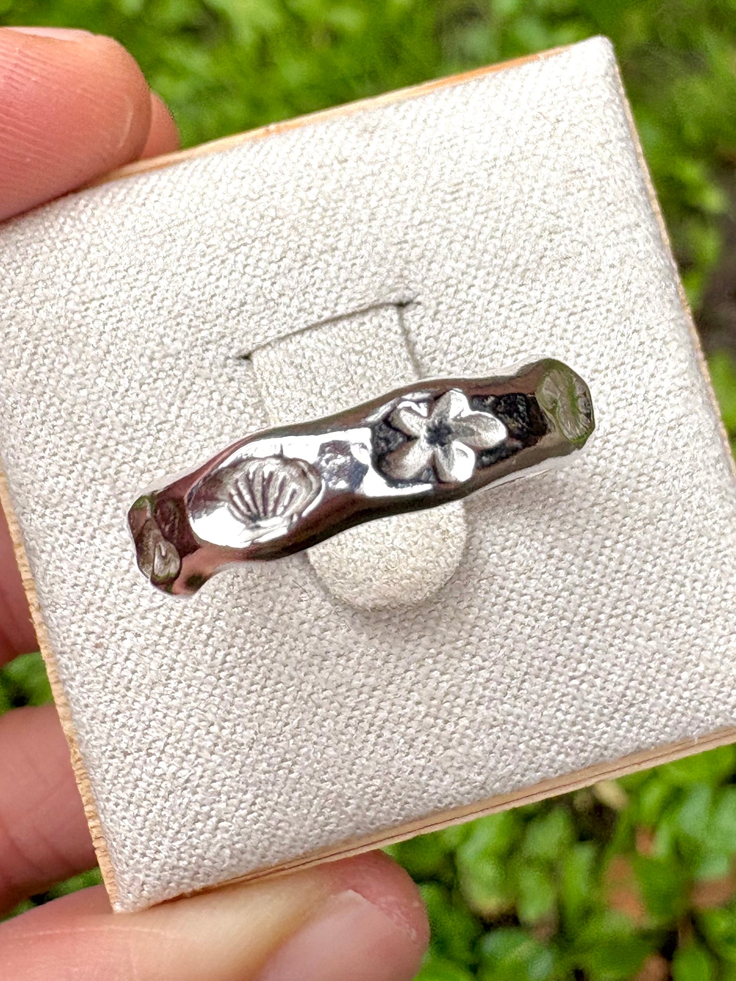 Hand‑stamped under the sea silver band 🐚 🌊