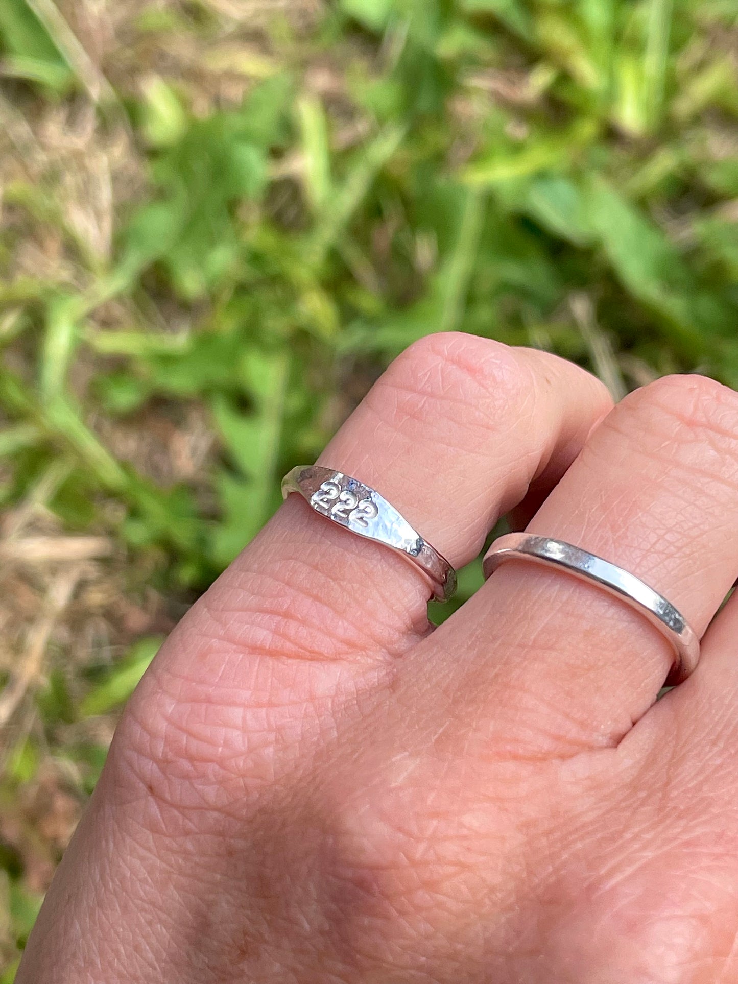 Tiny silver angel number pinky ring